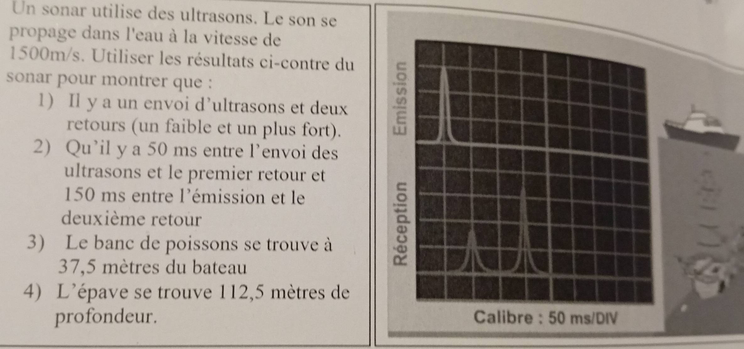 Un sonar utilise des ultrasons. Le son se 
propage dans l'eau à la vitesse de
1500m/s. Utiliser les résultats ci-contre du 
sonar pour montrer que : 
1) Il y a un envoi d’ultrasons et deux 
retours (un faible et un plus fort). 
2) Qu’il y a 50 ms entre l’envoi des 
ultrasons et le premier retour et
150 ms entre l'émission et le 
deuxième retour 
3) Le banc de poissons se trouve à
37,5 mètres du bateau 
4) L'épave se trouve 112,5 mètres de 
profondeur.