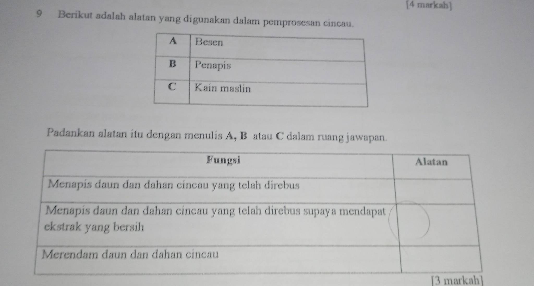 [4 markah] 
9 Berikut adalah alatan yang digunakan dalam pemprosesan cincau. 
Padankan alatan itu dengan menulis A, B atau C dalam ruang jawapan. 
[3 markah]