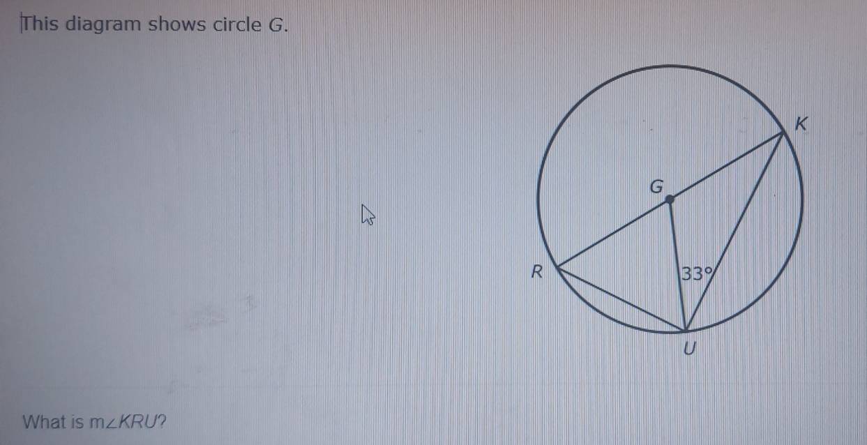 This diagram shows circle G.
What is m∠ KRU ?