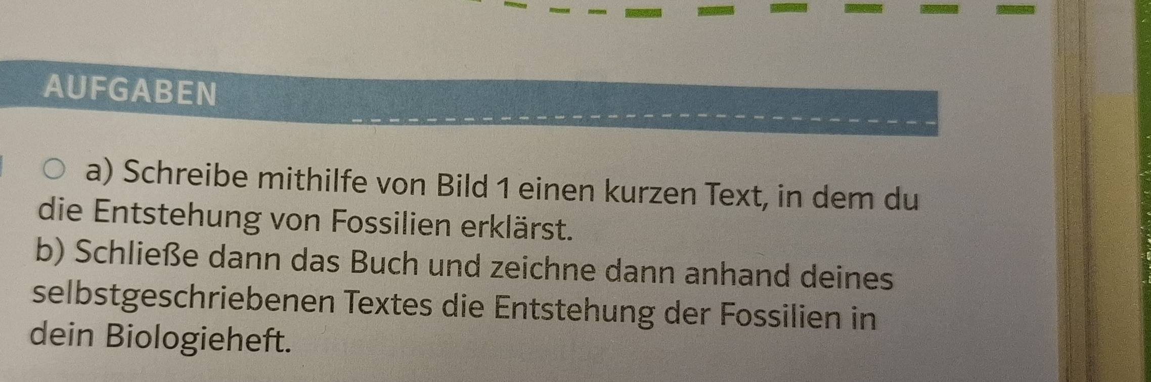 AUFGABEN 
a) Schreibe mithilfe von Bild 1 einen kurzen Text, in dem du 
die Entstehung von Fossilien erklärst. 
b) Schließe dann das Buch und zeichne dann anhand deines 
selbstgeschriebenen Textes die Entstehung der Fossilien in 
dein Biologieheft.