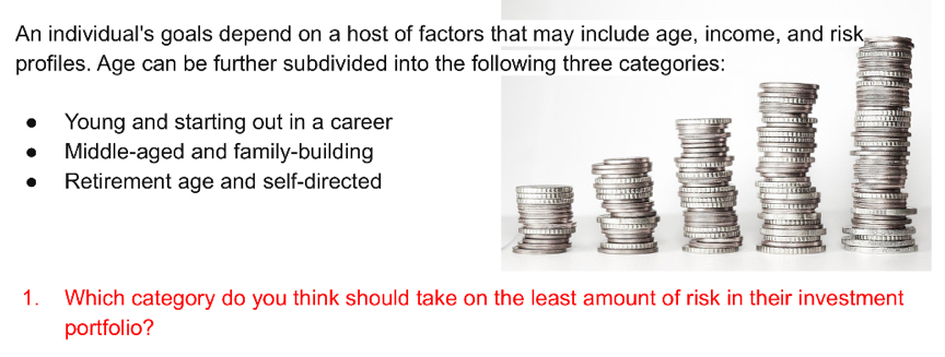 An individual's goals depend on a host of factors that may include age, income, and risk
profiles. Age can be further subdivided into the following three categories:
Young and starting out in a career
Middle-aged and family-building
Retirement age and self-directed
1. Which category do you think should take on the least amount of risk in their investment
portfolio?