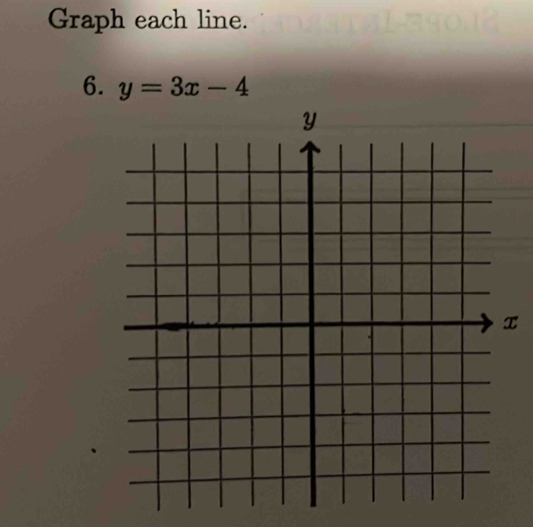 Graph each line. 
6. y=3x-4
x