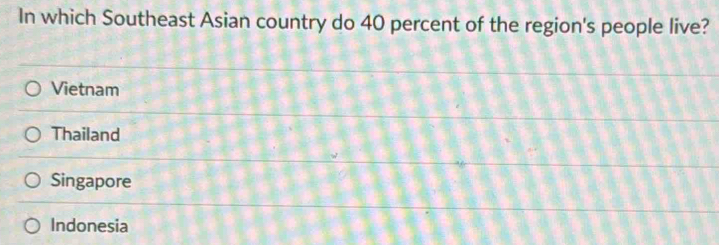 In which Southeast Asian country do 40 percent of the region's people live?
Vietnam
Thailand
Singapore
Indonesia