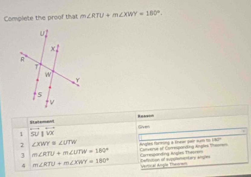 Complete the proof that m∠ RTU+m∠ XWY=180°. 
Statement Reason
1 overleftrightarrow SUparallel overleftrightarrow VX
Given
2 ∠ XWY≌ ∠ UTW
Angles forming a linear pair sum to 180°
3 m∠ RTU+m∠ UTW=180°
Converse of Corresponding Angles Theorem
Corresponding Angles Theorem
4 m∠ RTU+m∠ XWY=180°
Definition of supplementary angles
Vertical Angle Theorem