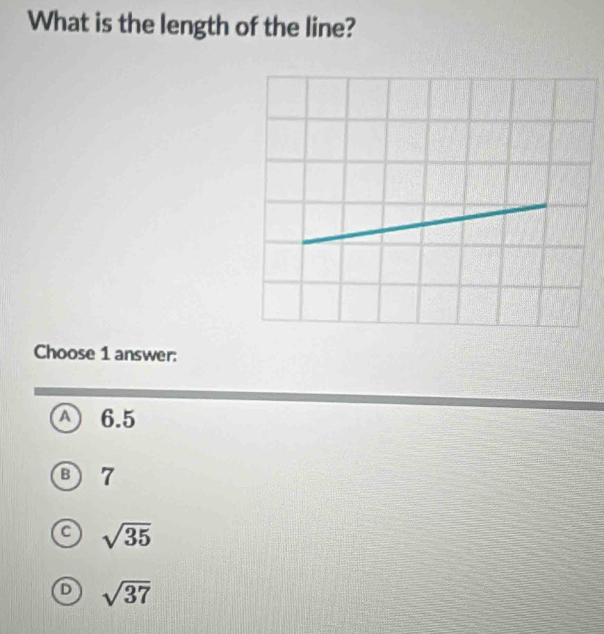 What is the length of the line?
Choose 1 answer:
a 6.5
B 7
C sqrt(35)
D sqrt(37)