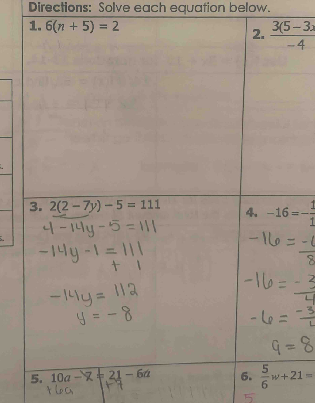 Directions: Solve each equation below.