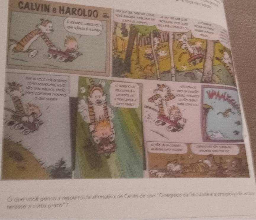 ls pero 
a força da tradíço 
CALVIN e HAROLDO = 
O que você pensa a respeito da afirmativa de Calvin de que "O segredo da felicidade e a estupidez de autoin 
teresse a curto prazo"?