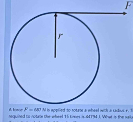 A force F=687 N is applied to rotate a wheel with a radius . T 
required to rotate the wheel 15 times is 44794 J. What is the valu