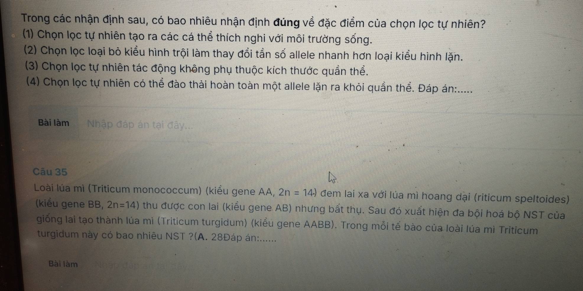 Trong các nhận định sau, có bao nhiêu nhận định đúng về đặc điểm của chọn lọc tự nhiên?
(1) Chọn lọc tự nhiên tạo ra các cá thể thích nghi với môi trường sống.
(2) Chọn lọc loại bỏ kiểu hình trội làm thay đổi tần số allele nhanh hơn loại kiều hình lặn.
(3) Chọn lọc tự nhiên tác động không phụ thuộc kích thước quần thể.
(4) Chọn lọc tự nhiên có thể đào thải hoàn toàn một allele lặn ra khỏi quần thể. Đáp án:.....
Bài làm Nhập đáp án tại đây.
Câu 35
Loài lúa mì (Triticum monococcum) (kiểu gene AA, 2n=14· ) đem lai xa với lúa mì hoang dại (riticum speltoides)
(kiểu gene BB, 2n=14) thu được con lai (kiểu gene AB) nhưng bất thụ. Sau đó xuất hiện đa bội hoá bộ NST của
giống lai tạo thành lúa mì (Triticum turgidum) (kiều gene AABB). Trong mỗi tế bào của loài lúa mì Triticum
turgidum này có bao nhiêu NST ?(A. 28Đáp án:......
Bài làm