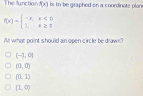 The function f(x) is to be graphed on a coordinate plan
f(x)=beginarrayl -x,x<0 1,x≥ 0endarray.
At what point should an open circle be drawn?
(-1,0)
(0,0)
(0,1)
(1,0)