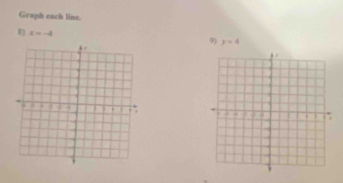 Graph each line. 
8) x=-4
9) y=4