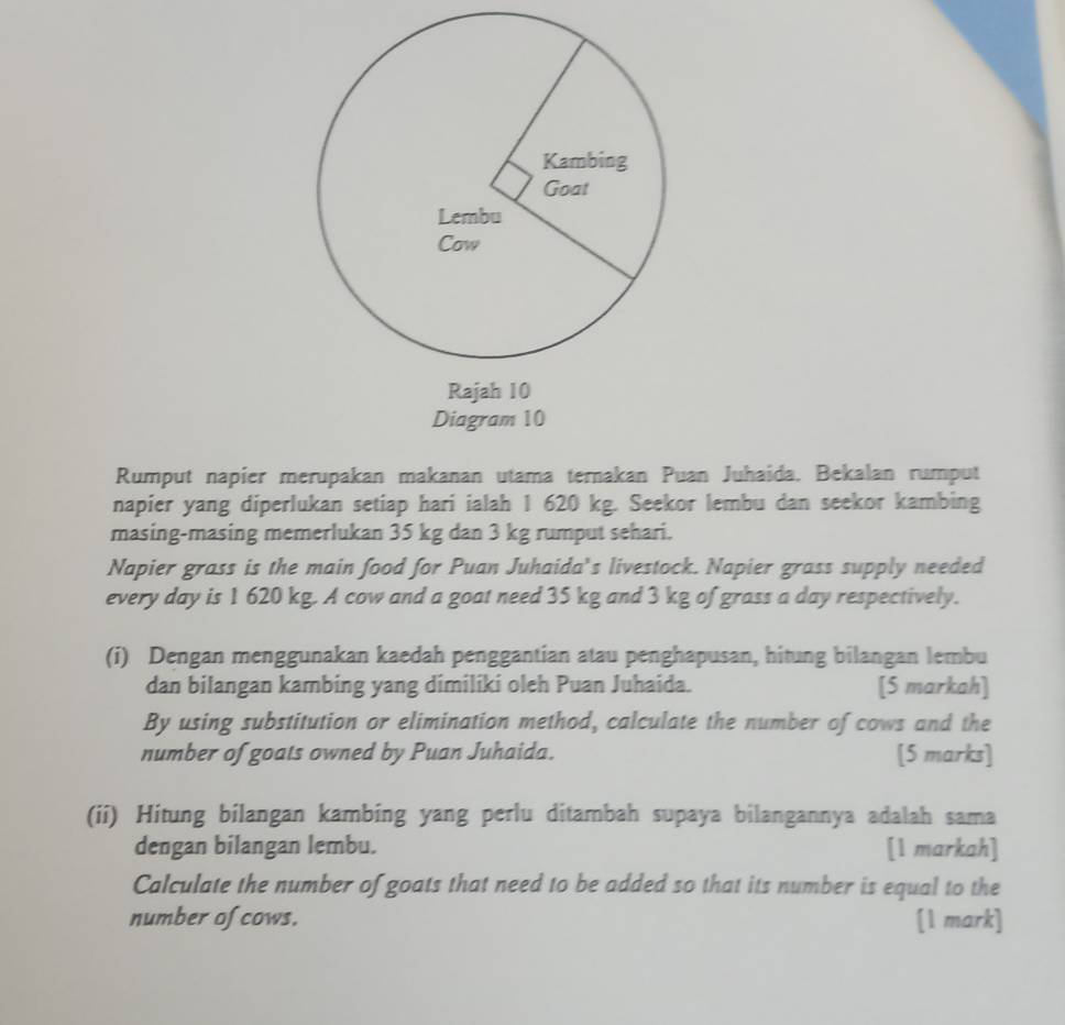 Diagram 10 
Rumput napier merupakan makanan utama ternakan Puan Juhaida, Bekalan rumput 
napier yang diperlukan setiap hari ialah 1 620 kg. Seekor lembu dan seekor kambing 
masing-masing memerlukan 35 kg dan 3 kg rumput sehari. 
Napier grass is the main food for Puan Juhaida's livestock. Napier grass supply needed 
every day is 1 620 kg. A cow and a goat need 35 kg and 3 kg of grass a day respectively. 
(i) Dengan menggunakan kaedah penggantian atau penghapusan, hitung bilangan lembu 
dan bilangan kambing yang dimiliki oleh Puan Juhaida. [5 markah] 
By using substitution or elimination method, calculate the number of cows and the 
number of goats owned by Puan Juhaida. [5 marks] 
(ii) Hitung bilangan kambing yang perlu ditambah supaya bilangannya adalah sama 
dengan bilangan lembu. [1 markah] 
Calculate the number of goats that need to be added so that its number is equal to the 
number of cows. [1 mark]