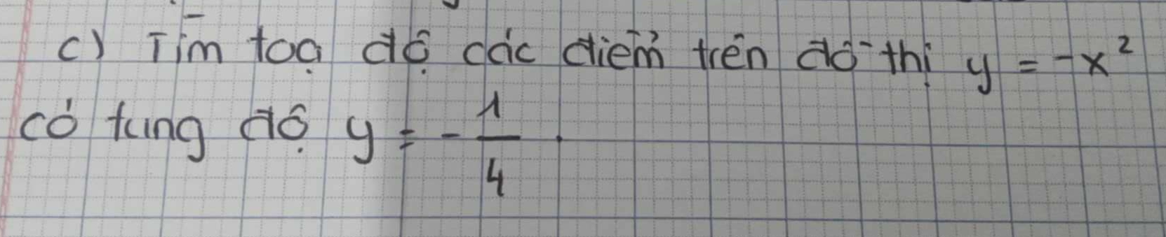 īím toa dó dác diem trén do`thi y=-x^2
cǒ tung dó. y=- 1/4 -