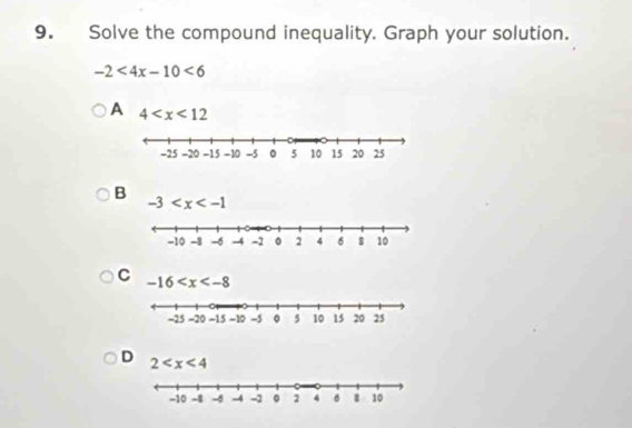 Solve the compound inequality. Graph your solution.
-2<4x-10<6
A 4
B
-3
C -16
D