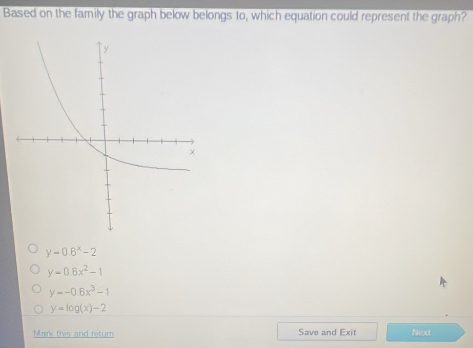 Based on the family the graph below belongs to, which equation could represent the graph?
y=0.6^x-2
y=0.6x^2-1
y=-0.6x^3-1
y=log (x)-2
Mark this and return Save and Exit Next