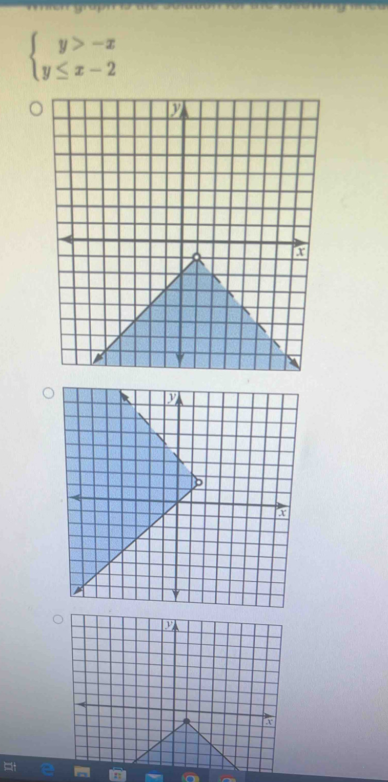 beginarrayl y>-x y≤ x-2endarray.