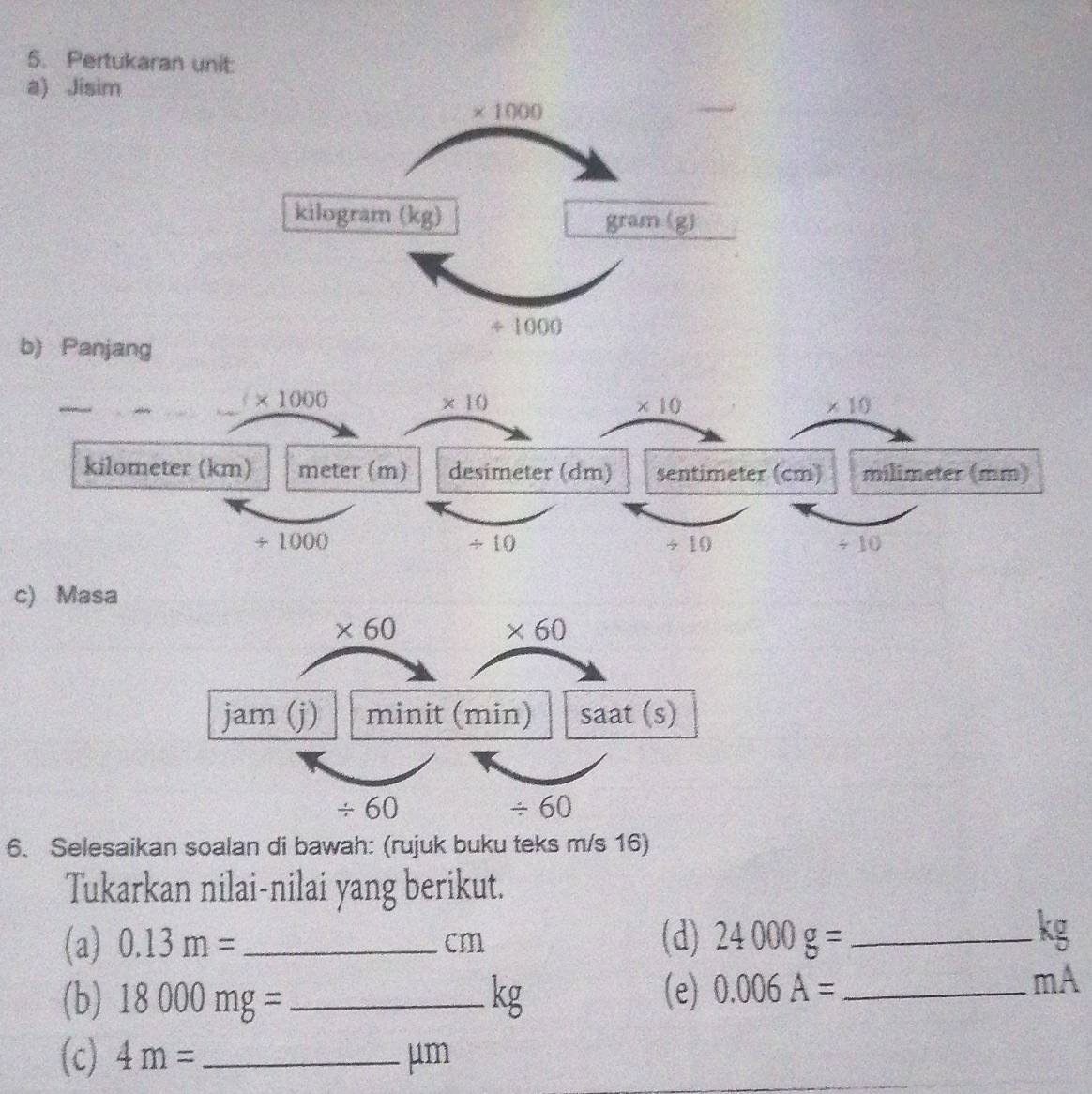 Pertukaran unit:
a) Jisim
b) Panjang
c) Masa
6. Selesaikan soalan di bawah: (rujuk buku teks m/s 16)
Tukarkan nilai-nilai yang berikut.
(a) 0.13m= _ (d) 24000g= _
cm
kg
(b) 18000mg= _kg (e) 0.006A= _
mA
(c) 4m= _μm