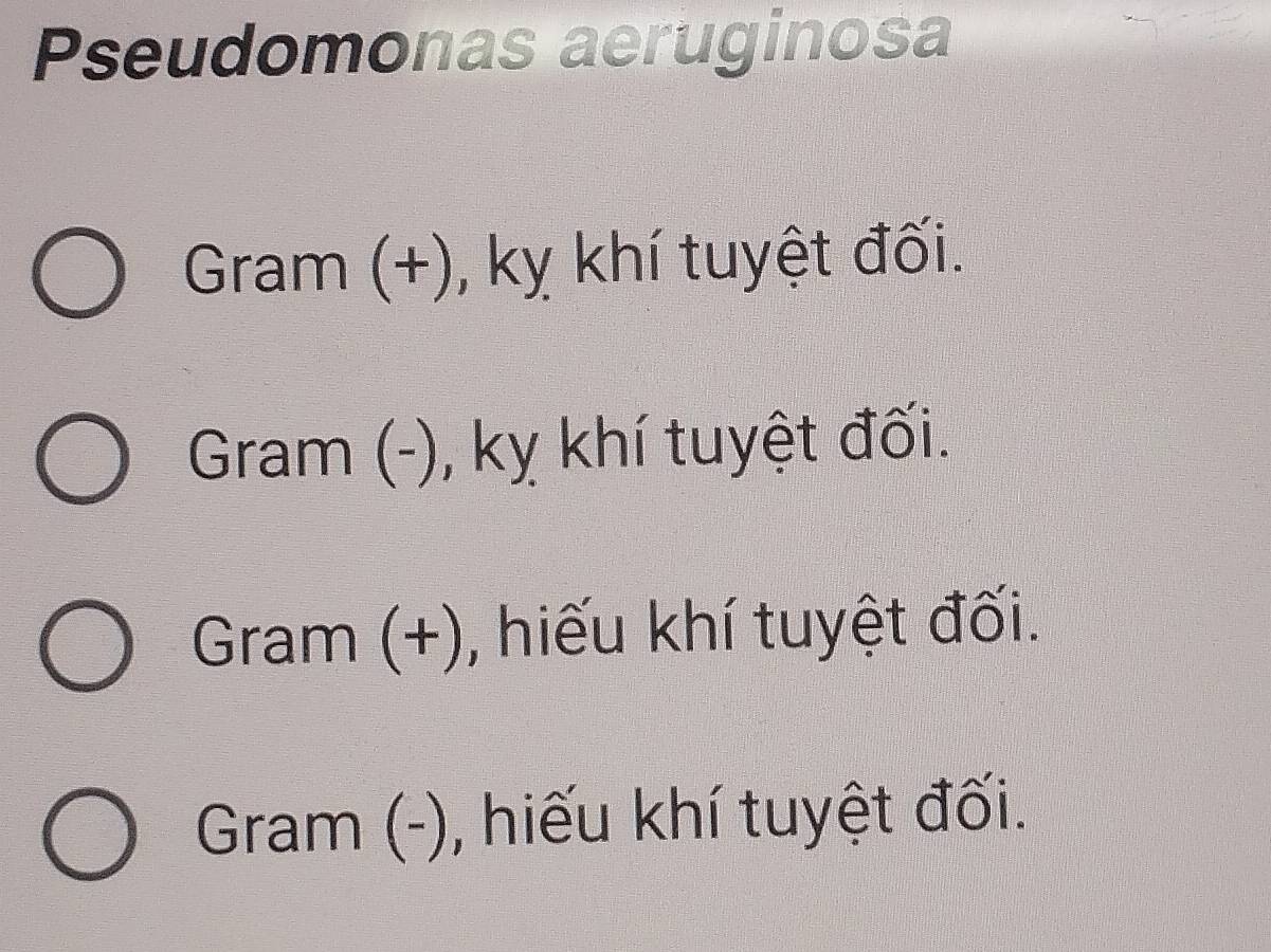 Pseudomonas aeruginosa
Gram (+), kỵ khí tuyệt đối.
Gram (-), kỵ khí tuyệt đối.
Gram (+), hiếu khí tuyệt đối.
Gram (-), hiếu khí tuyệt đối.