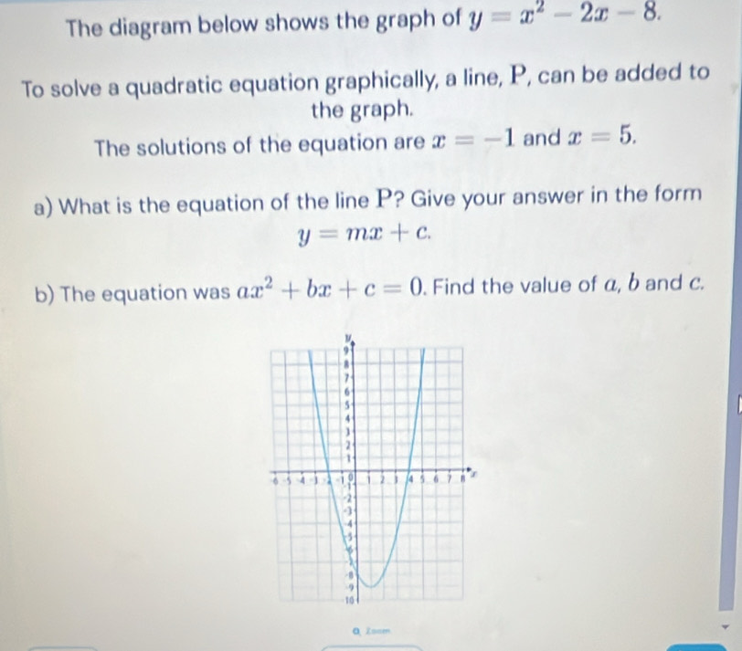 The diagram below shows the graph of y=x^2-2x-8. 
To solve a quadratic equation graphically, a line, P, can be added to 
the graph. 
The solutions of the equation are x=-1 and x=5. 
a) What is the equation of the line P? Give your answer in the form
y=mx+c. 
b) The equation was ax^2+bx+c=0. Find the value of a, b and c. 
Q Zoom