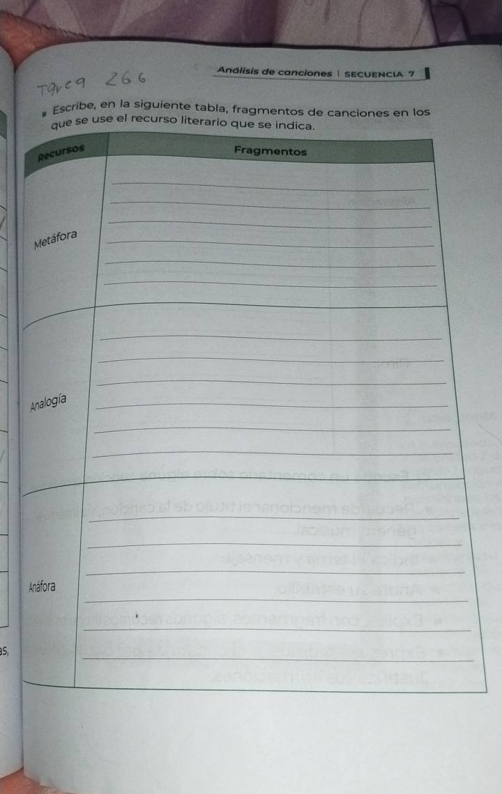 Análisis de canciones | SECUENCIA 7 
Escribe, en la siguiente tabla, fragmentos de canciones en los 
A 
A 
s