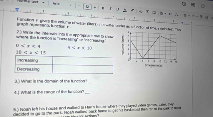 Normal text Arial - 12 + B I u E· ··· 
A 
+
7 1 2 3 4

Function v gives the volume of water (liters) in a water cooler as a function of time, ε
graph represents function v. 
2.) Write the intervals into the appropriate row to show 
where the function is "increasing” or "decreasing.”
0 4
10
3.) What is the domain of the function?_ 
4.) What is the range of the function?_ 
5.) Noah left his house and walked to Han's house where they played video games. Later, they 
decided to go to the park. Noah walked back home to get his basketball then ran to the park to meet