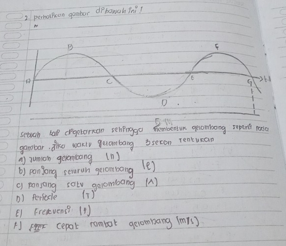 perhotican gambar dpbawah ini 1 
sebuah tal cegetarkan sehpnggo membentuk gecombong sepert reda 
gambar. Tho wakly gecombang 3seron renturan 
a) sumian gerombang (n) 
b) panBong seurun gerombang (e) 
() pansong soty gelombang (A) 
() Perfccle () 
E1 Frelvens? (+) 
FFr cepal rambat gelombang (mrs)