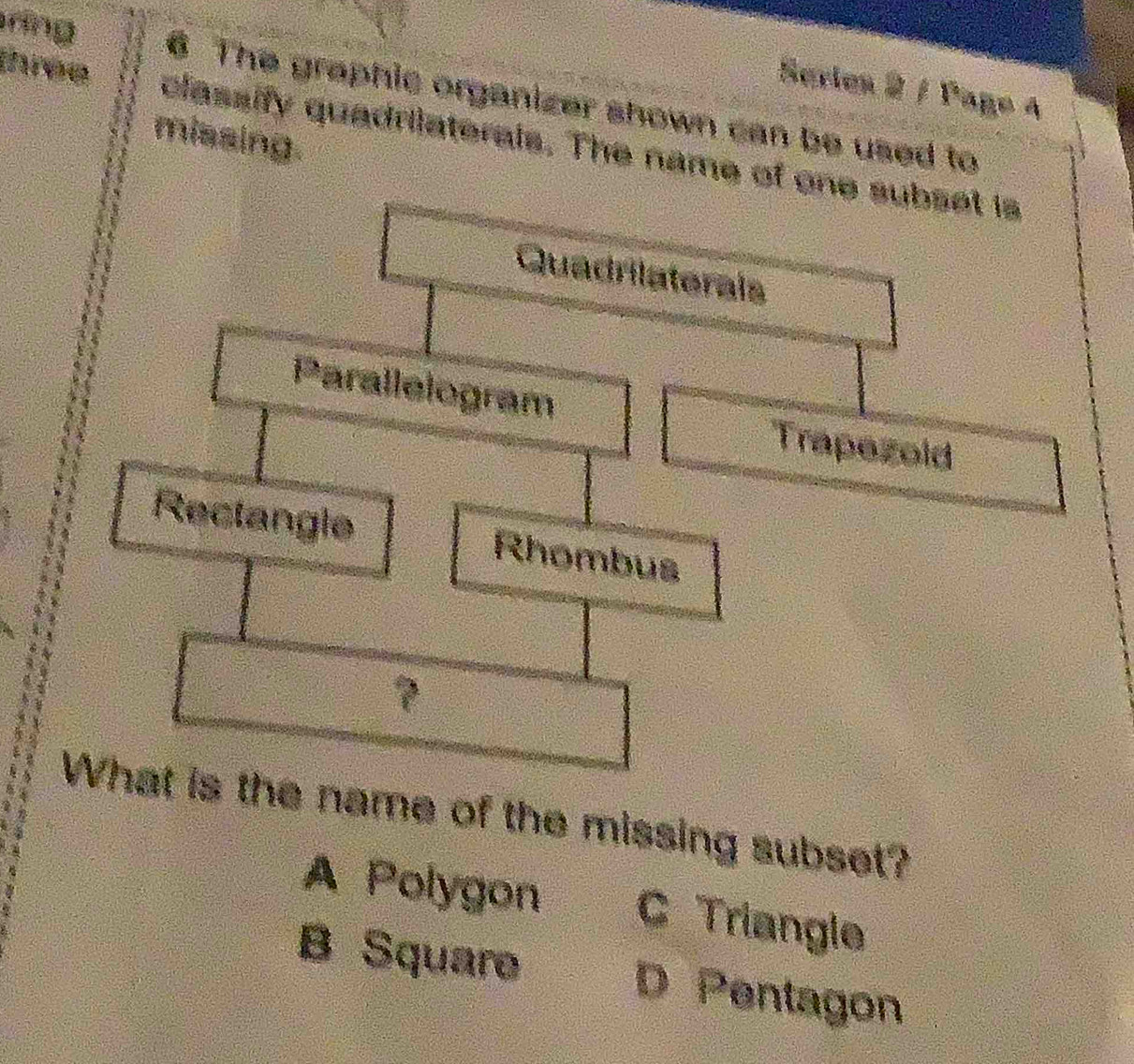 rng
Serlen 2 / Page 4
6 The graphic organizer shown can be used to
three classify quadriaterals. The name of one subset is
miasing.
Quadrilaterals
Parallelogram
Trapezold
Rectangle Rhombus
?
What is the name of the missing subset?
A Polygon C Triangle
B Square D Pentagon