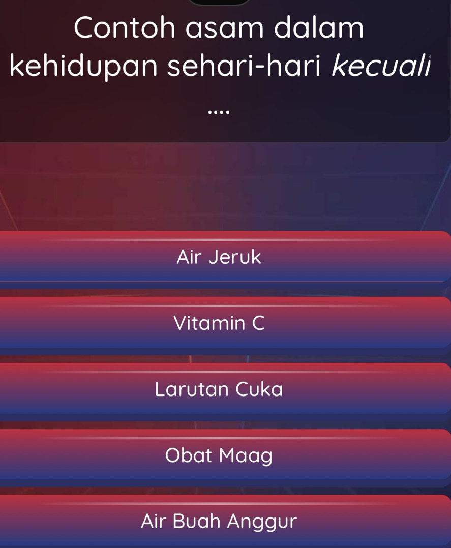 Contoh asam dalam
kehidupan sehari-hari kecuali
…
Air Jeruk
Vitamin C
Larutan Cuka
Obat Maag
Air Buah Anggur