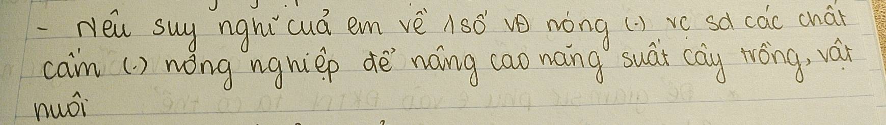 New suy nghi cuá em vè 150° ve nong (· ) ve sd cac chái 
cam ( ) nong ngniep dè`náing cao nang suái cay wōng, ván 
huái