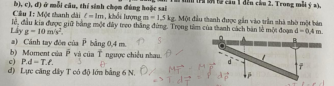 si trả lỗi tử cầu 1 đến câu 2. Trong mỗi ý a), 
b), c), d) ở mỗi câu, thí sinh chọn đúng hoặc sai 
Câu 1: Một thanh dài ell =1m , khối lượng m=1,5kg. Một đầu thanh được gắn vào trần nhà nhờ một bản 
lề, đầu kia được giữ bằng một dây treo thắng đứng. Trọng tâm của thanh cách bản lề một đoạn d=0,4m. 
Lấy g=10m/s^2. 
a) Cánh tay đòn của vector P bằng 0,4 m. 
b) Moment của vector P và của T ngược chiều nhau. 
c) P.d=T.ell. 
d) Lực căng dây T có độ lớn bằng 6 N.