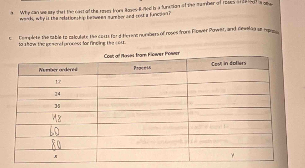 Why can we say that the cost of the roses from Roses-R-Red is a function of the number of roses ordered? In othe 
words, why is the relationship between number and cost a function? 
c. Complete the table to calculate the costs for different numbers of roses from Flower Power, and develop an expreo 
to show the general process for finding the cost.