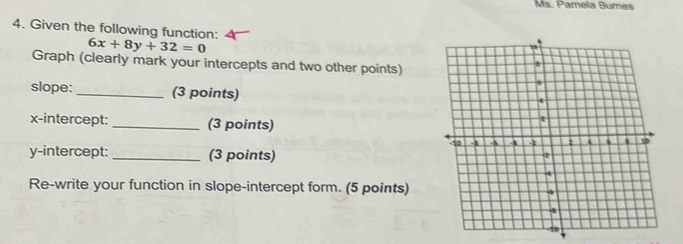 Ms. Pamela Bures 
4. Given the following function:
6x+8y+32=0
Graph (clearly mark your intercepts and two other points) 
slope: _(3 points) 
x-intercept: _(3 points) 
y-intercept: _(3 points) 
Re-write your function in slope-intercept form. (5 points)