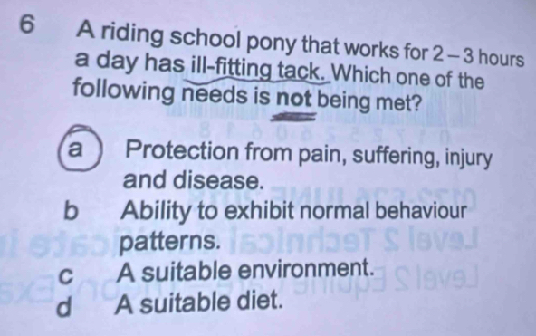 A riding school pony that works for 2-3 hours
a day has ill-fitting tack. Which one of the
following needs is not being met?
a ) Protection from pain, suffering, injury
and disease.
b Ability to exhibit normal behaviour
patterns.
c A suitable environment.
d A suitable diet.