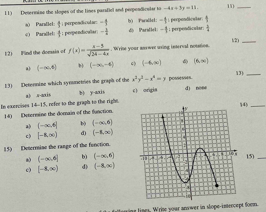 Determine the slopes of the lines parallel and perpendicular to -4x+3y=11. 11)_
a) Parallel:  4/3 ; perpendicular: - 4/3  b) Parallel: - 4/3 ; perpendicular:  4/3 
c) Parallel:  4/3 ; perpendicular: - 3/4  d) Parallel: - 4/3 ; perpendicular:  3/4 
12)_
12) Find the domain of f(x)= (x-5)/sqrt(24-4x) . Write your answer using interval notation.
a) (-∈fty ,6) b) (-∈fty ,-6) c) (-6,∈fty ) d) (6,∈fty )
13)_
13) Determine which symmetries the graph of the x^2y^2-x^4=y possesses.
a) x-axis b) y-axis c) origin d) none
In exercises 14-15, refer to the graph to the right.4)_
14) Determine the domain of the function.
a) (-∈fty ,6] b) (-∈fty ,6)
c) [-8,∈fty ) d) (-8,∈fty )
15) Determine the range of the function.
a) (-∈fty ,6] b) (-∈fty ,6) 15)_
c) [-8,∈fty ) d) (-8,∈fty )
allowing lines. Write your answer in slope-intercept form.