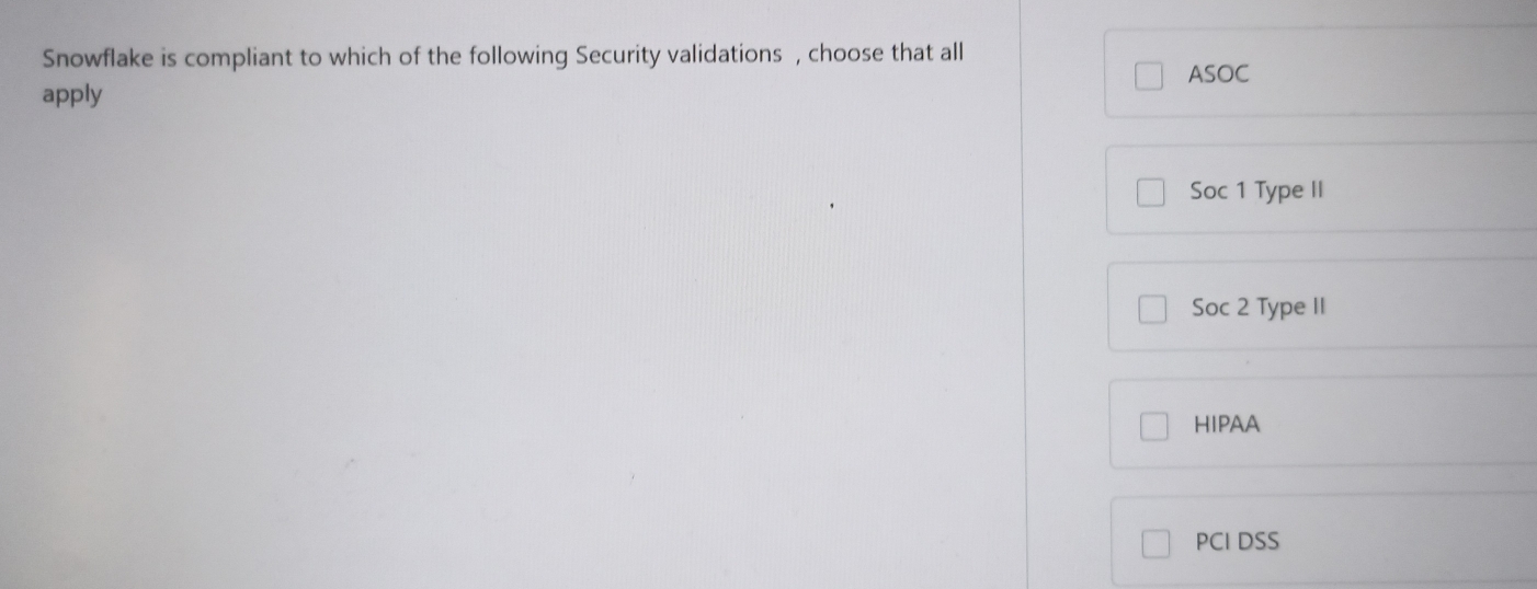 Snowflake is compliant to which of the following Security validations , choose that all
ASOC
apply
Soc 1 Type II
Soc 2 Type II
HIPAA
PCI DSS