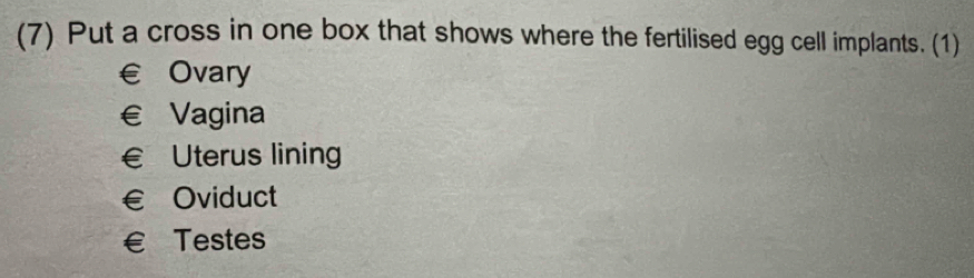 (7) Put a cross in one box that shows where the fertilised egg cell implants. (1)
€ Ovary
€£Vagina
€£Uterus lining
€ Oviduct
€£Testes