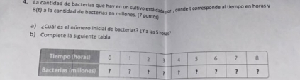 La cantidad de bacterias que hay en un cultivo está dadá par , donde t corresponde al tiempo en horas y
B(t) a la cantidad de bacterias en millones. (7 puntos) 
a) ¿Cuál es el número inicial de bacterias? ¿Y a las 5 horas? 
b) Complete la siguiente tabla