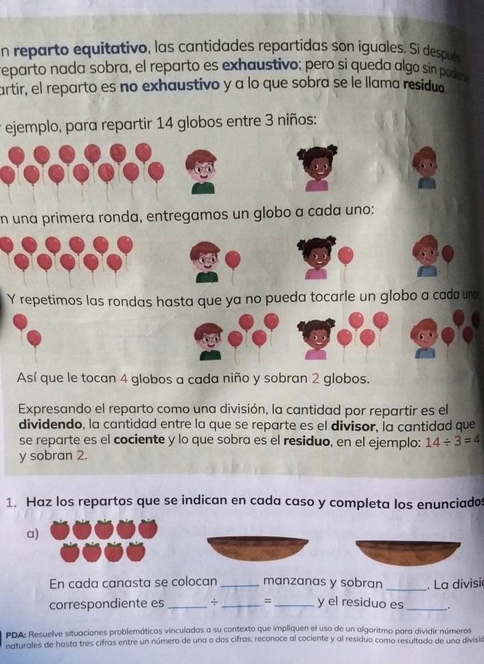 En reparto equitativo, las cantidades repartidas son iguales. Si después 
reparto nada sobra, el reparto es exhaustivo; pero si queda algo sin poders 
artir, el reparto es no exhaustivo y a lo que sobra se le llama residuo. 
* ejemplo, para repartir 14 globos entre 3 niños: 
n una primera ronda, entregamos un globo a cada uno: 
Y repetimos las rondas hasta que ya no pueda tocarle un globo a cada una 
Así que le tocan 4 globos a cada niño y sobran 2 globos. 
Expresando el reparto como una división, la cantidad por repartir es el 
dividendo, la cantidad entre la que se reparte es el divisor, la cantidad que 
se reparte es el cociente y lo que sobra es el residuo, en el ejemplo: 14/ 3=4
y sobran 2. 
1. Haz los repartos que se indican en cada caso y completa los enunciados 
a) 
En cada canasta se colocan _manzanas y sobran_ . La divisió 
correspondiente es _÷ _= _y el residuo es _. 
PDA: Resuelve situaciones problemáticas vinculadas a su contexto que impliquen el uso de un algoritmo para dividir números 
naturales de hasta tres cifras entre un número de una o dos cifras; reconoce al cociente y al residuo como resultado de una divisió