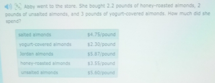 Abby went to the store. She bought 2.2 pounds of honey-roasted almonds, 2
pounds of unsalted almonds, and 3 pounds of yogurt-covered almonds. How much did she 
spend?