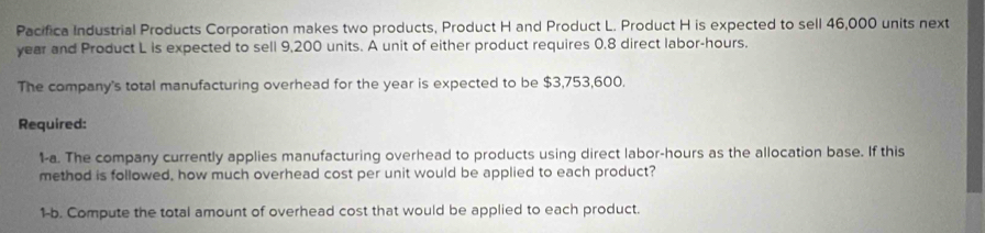 Pacifica Industrial Products Corporation makes two products, Product H and Product L. Product H is expected to sell 46,000 units next
year and Product L is expected to sell 9,200 units. A unit of either product requires 0.8 direct labor -hours. 
The company's total manufacturing overhead for the year is expected to be $3,753,600. 
Required: 
1-a. The company currently applies manufacturing overhead to products using direct labor -hours as the allocation base. If this 
method is followed, how much overhead cost per unit would be applied to each product? 
1-b. Compute the total amount of overhead cost that would be applied to each product.