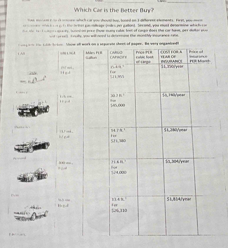 Which Car is the Better Buy? 
Your mission ito de termine which car you should buy, based on 3 different elements. First, you must 
de termine which cor gets the better gas mileage (miles per gallon). Second, you must determine which car 
has the he t cargo capacity, based on price (how many cubic feet of cargo does the car have, per dollar you 
will spend) Finally, you will need to determine the monthly insurance rate. 
anized!