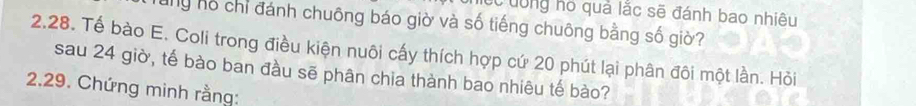 Cc dông họ quả lắc sẽ đánh bao nhiêu 
ag hỗ chỉ đánh chuông báo giờ và số tiếng chuông bằng số giờ? 
2.28. Tế bào E. Coli trong điều kiện nuôi cấy thích hợp cứ 20 phút lại phân đôi một lần. Hỏi 
sau 24 giờ, tế bào ban đầu sẽ phân chia thành bao nhiêu tế bào? 
2.29. Chứng minh rằng: