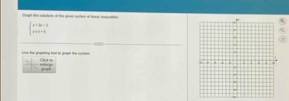 Graph the solutions of the given system of linear inequalities
beginarrayl y=3x-3 y=x+5endarray.
Use the graphing tool to graph the system. 
enlarge Click to 
graph