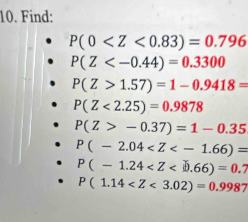 Find:
P(0
P(Z
P(Z>1.57)=1-0.9418=
P(Z<2.25)=0.9878
P(Z>-0.37)=1-0.35
P(-2.04
P(-1.24
P(1.14