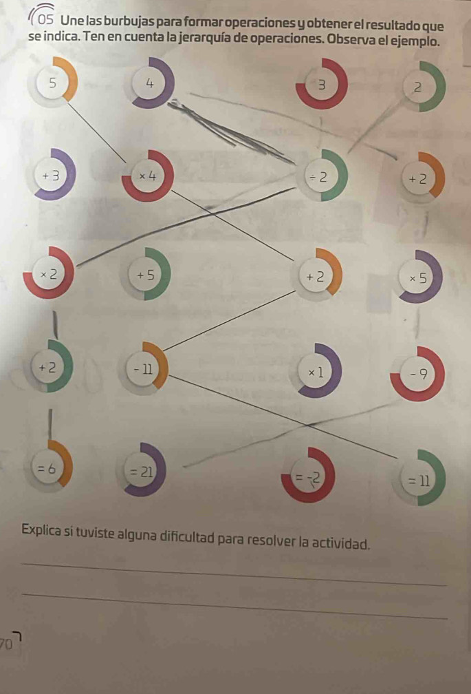 Une las burbujas para formar operaciones y obtener el resultado que
se indica. Ten en cuenta la jerarquía de operaciones. O
Explica sí tuviste alguna dificultad para resolver la actividad.
_
_