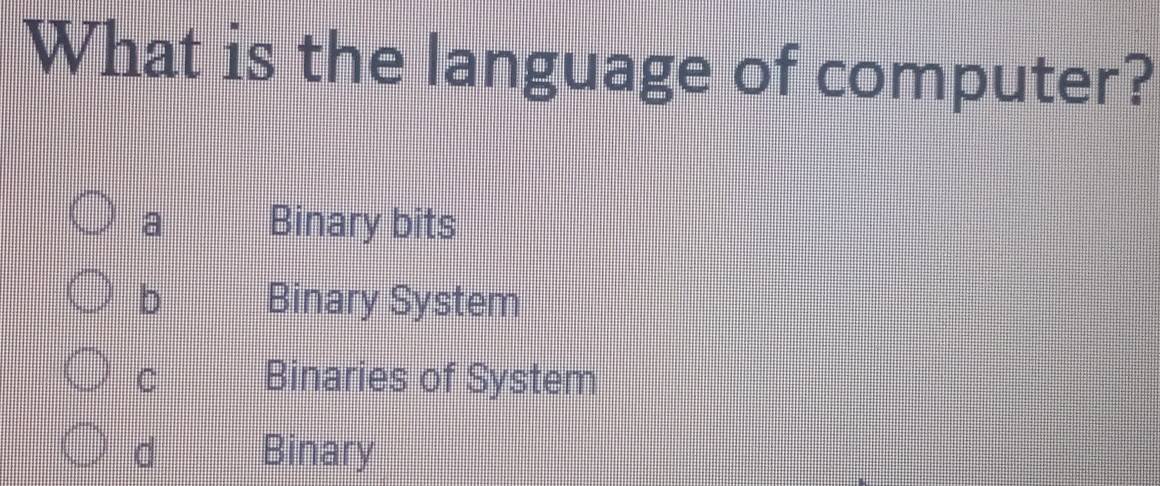 Solved: What is the language of computer? a Binary bits b Binary System ...