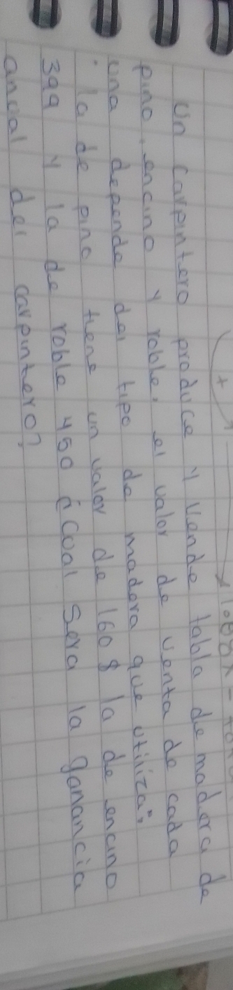 un carpintero produce A uande tabla de madera do 
pino, encino y roble, el valor do vonta do cada 
ona deponde da tipo do madera que vtiliza? 
Iade pino tiene un valer de 1608 a de Lenaino
399 y ld do roble y50 cCoal sera la ganancia 
anoal dei carpintero?