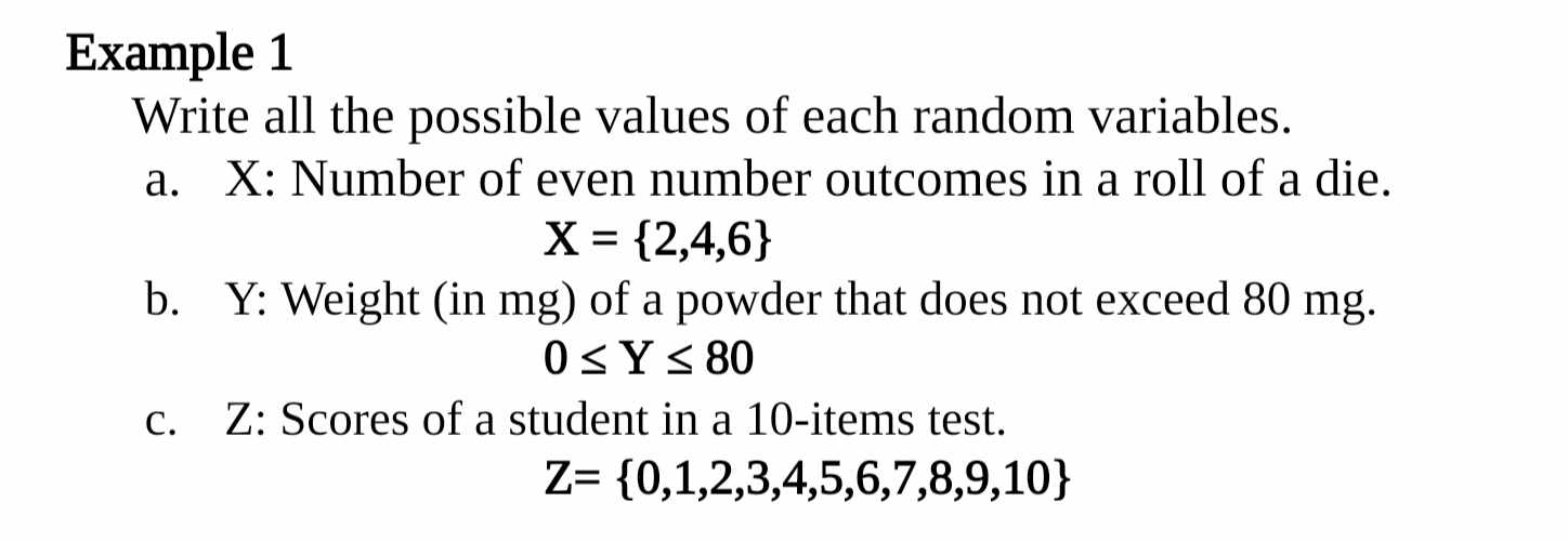 Example 1 
Write all the possible values of each random variables. 
a. X : Number of even number outcomes in a roll of a die.
X= 2,4,6
b. Y : Weight (in mg) of a powder that does not exceed 80 mg.
0≤ Y≤ 80
c. Z : Scores of a student in a 10 -items test.
Z= 0,1,2,3,4,5,6,7,8,9,10