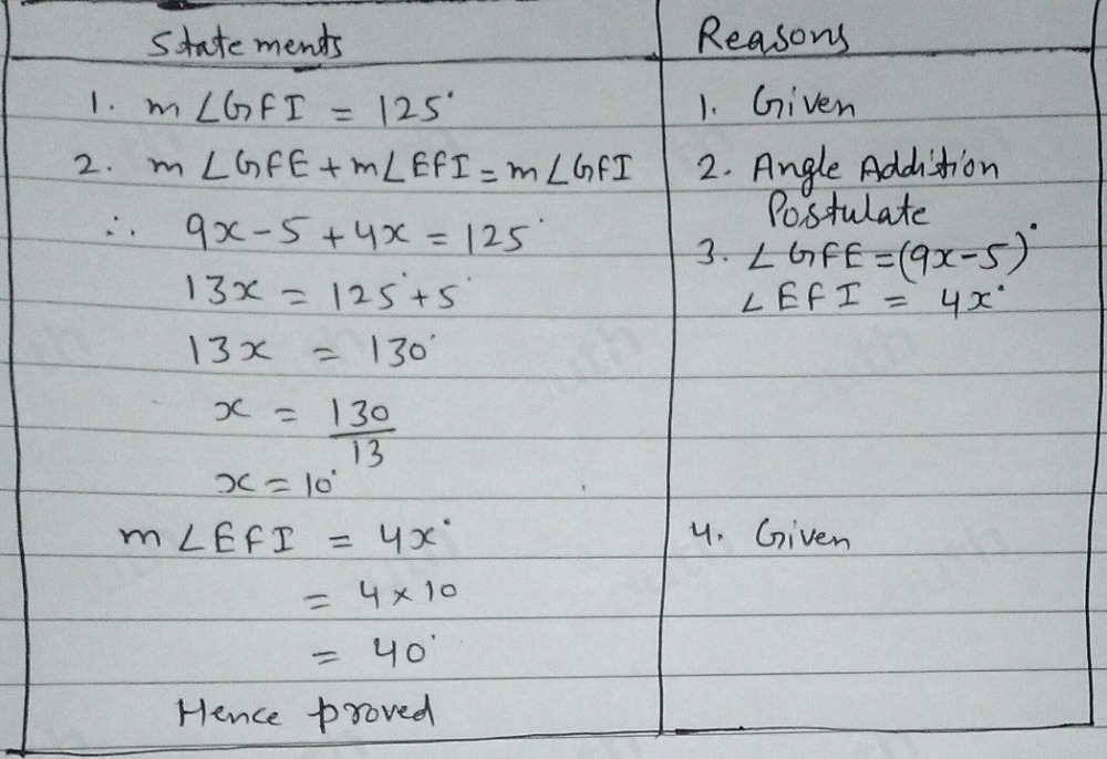 Solved: Write a two-column proof. Given: m∠ GFI=126° Prove: m∠ EFI=40 ...