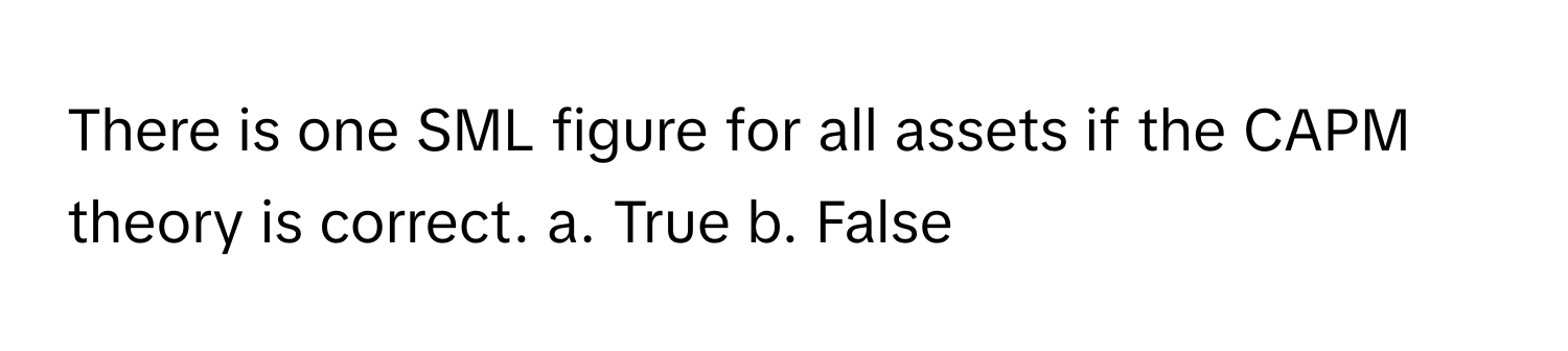 There is one SML figure for all assets if the CAPM theory is correct. a. True b. False